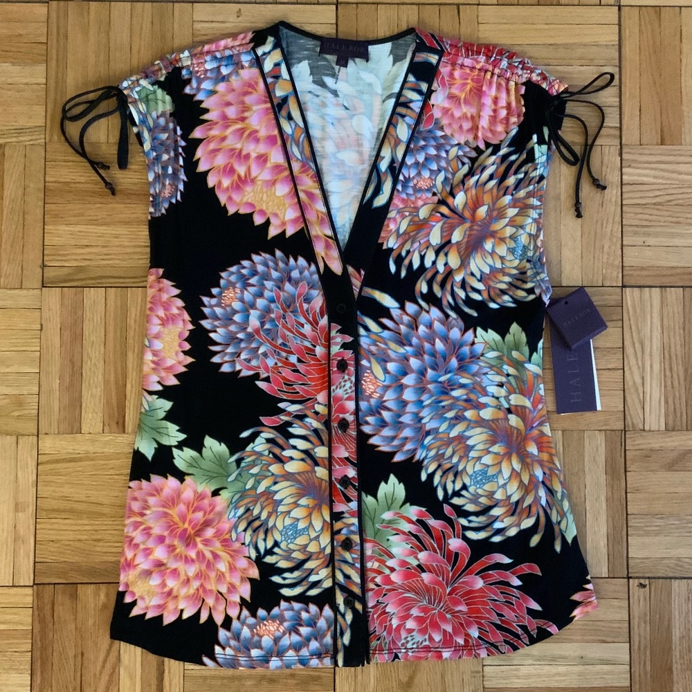 Hale Bob Lucia Floral Top Printed Blouse Tank Button Up Bold Flower Shirt NWOT